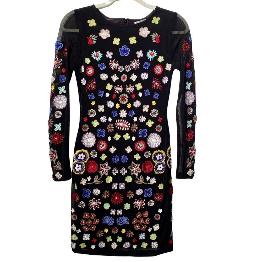Aqua Capsule Embroidered Floral Mesh‎ Mini Dress Sheer Sleeve Size M